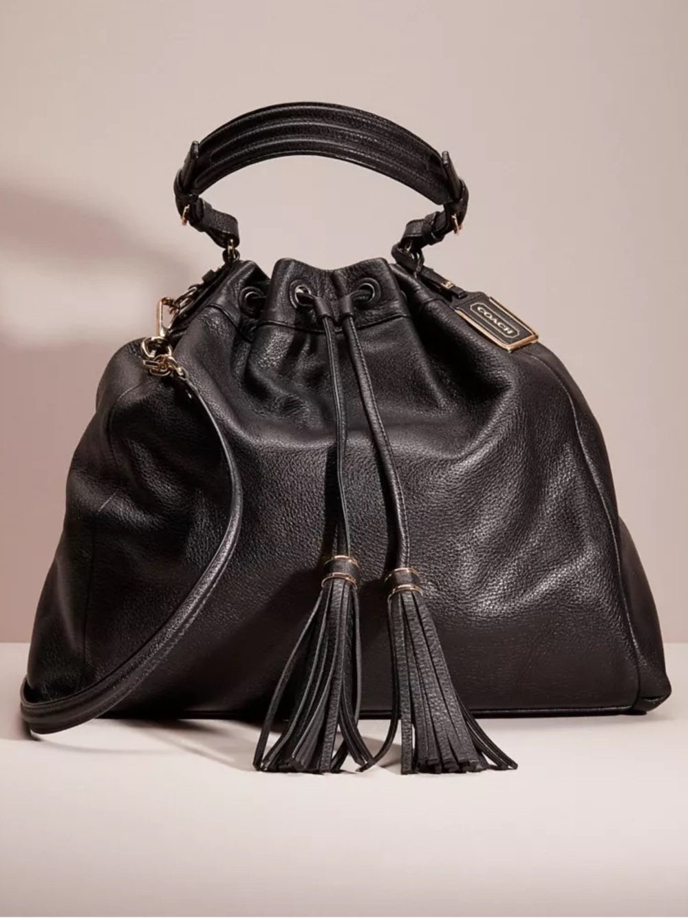 Coach Madison Pinnacle Leather Large Drawstring Shoulder Black Bag